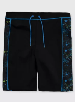 Black Paint Splash Longline Swim Shorts 8 Years