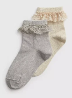 Gold & Silver Glitter Lace Frill Socks 2 Pack 6-8.5