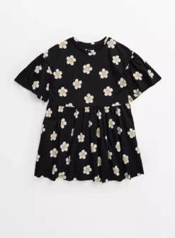 Black Daisy Print Short Sleeve Jersey Dress 6 Years